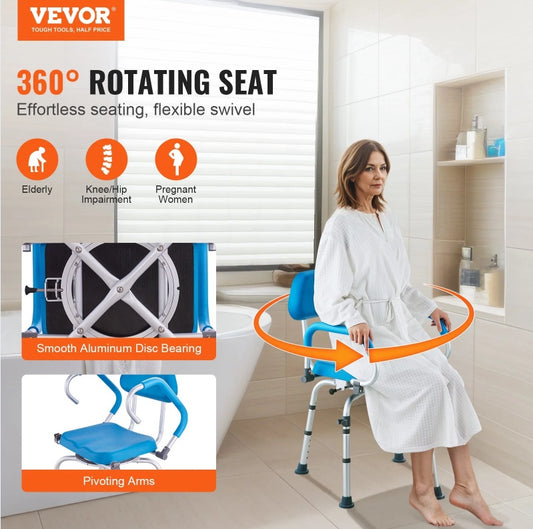 Swivel Shower Chair 360 Degree, Adjustable Shower Seat With Pivoting Arms & Padded Bath Seat For Inside Shower Or Tub, Non-Slip Rotating Bathtub Chair For Elderly Disabled, 300LBS Capacity