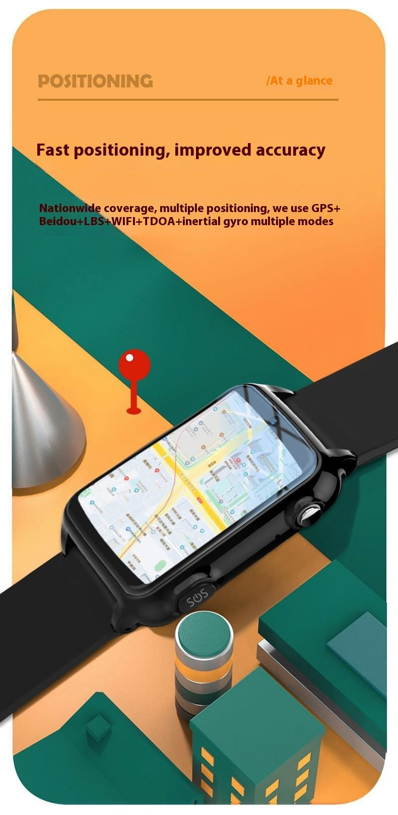 Smartwatch with fast positioning using GPS, Beidou, LBS, WiFi, and multiple tracking modes for improved accuracy and safety.