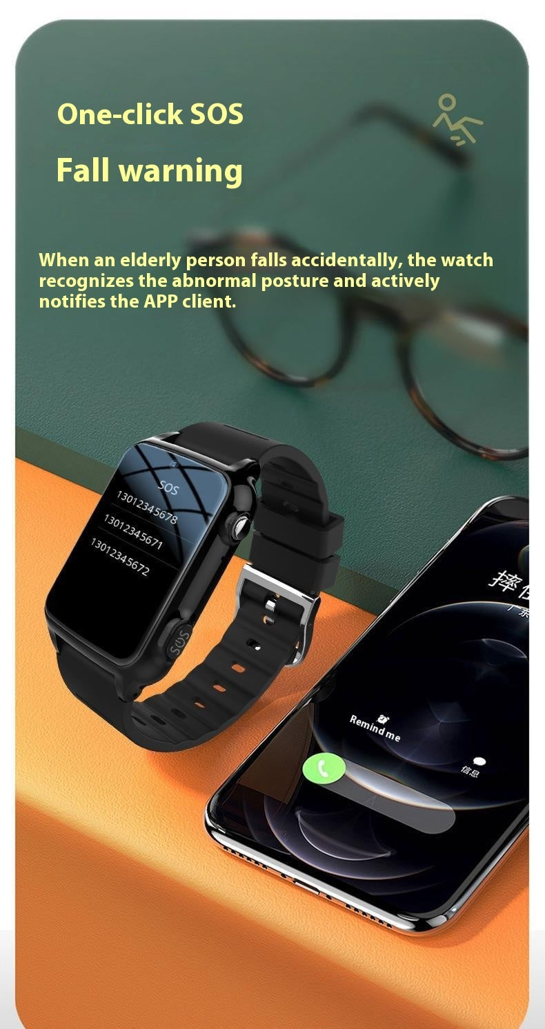 Elderly smartwatch with one-click SOS and fall detection, automatically notifying caregivers in case of an emergency.