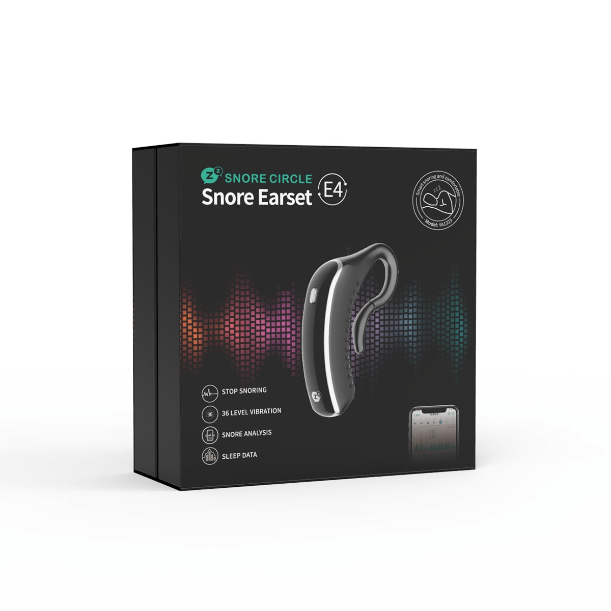 SnoreLess Snore Earset E4 packaging box displaying product features like snore analysis, 36-level vibration, and sleep data tracking.