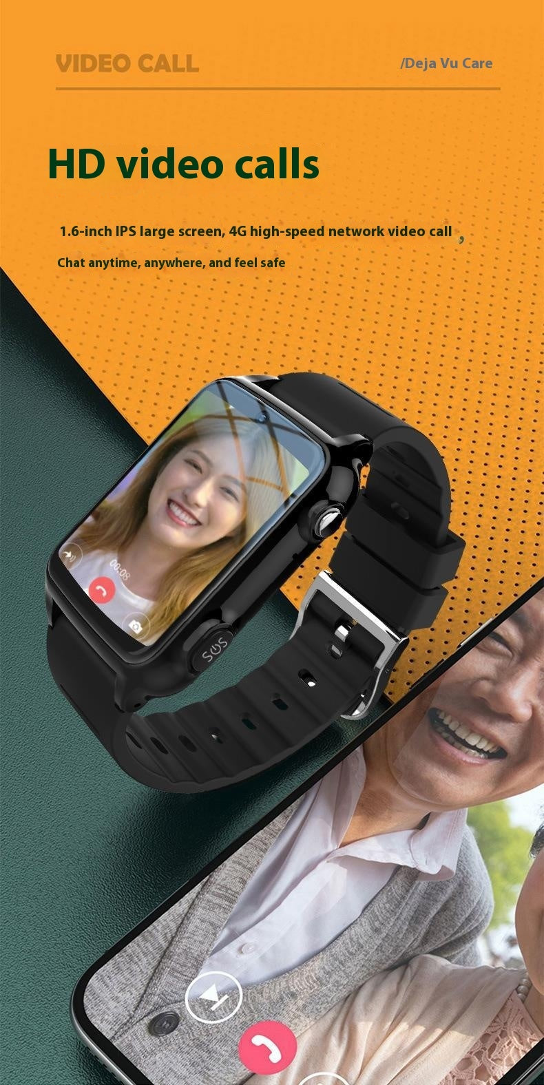 4G smartwatch with HD video call capability, allowing seniors to stay connected with family anytime for added security.