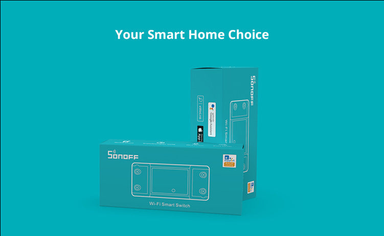 Sonoff Wi-Fi smart switch packaging in blue, featuring a sleek design for wireless remote control. Ideal for smart home automation with Alexa voice control.