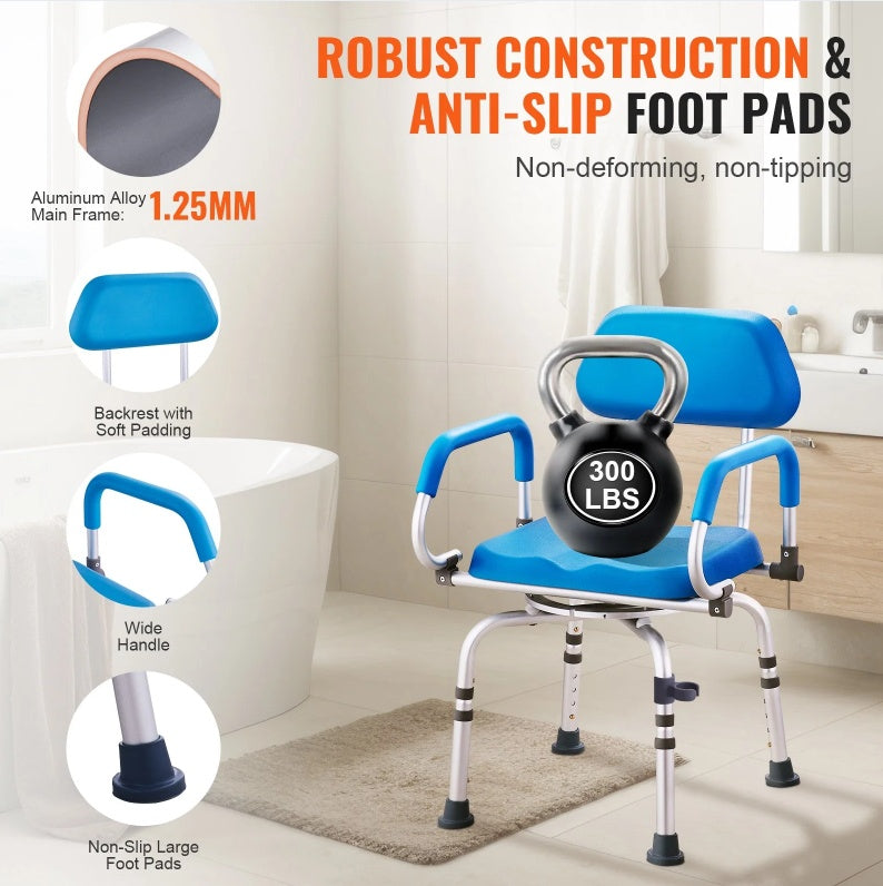 Swivel Shower Chair 360 Degree, Adjustable Shower Seat With Pivoting Arms & Padded Bath Seat For Inside Shower Or Tub, Non-Slip Rotating Bathtub Chair For Elderly Disabled, 300LBS Capacity