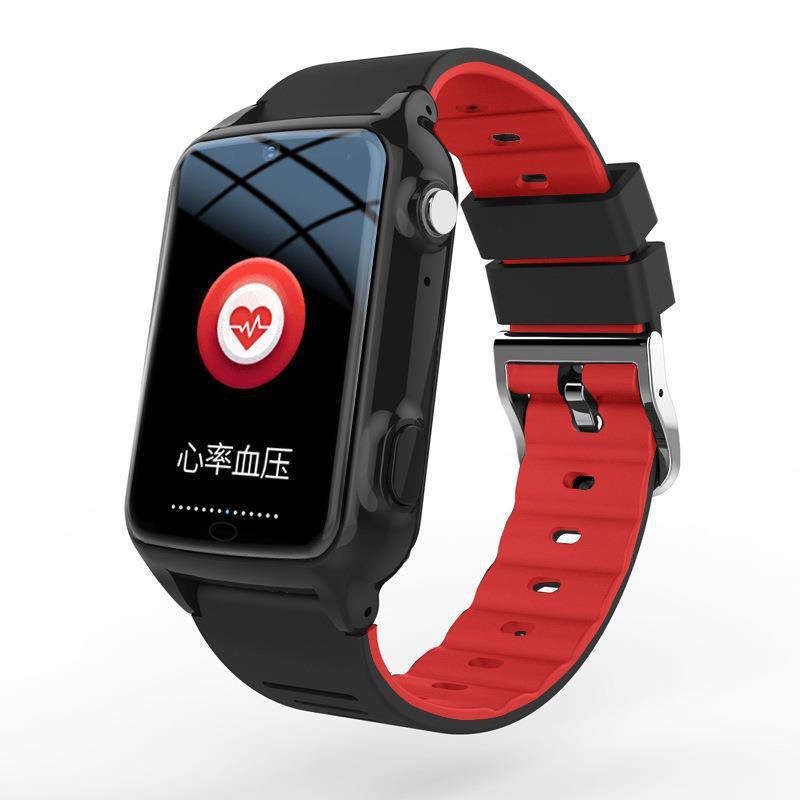 Black and red 4G smartwatch with heart rate and blood pressure monitoring, ensuring elderly users' health and safety.