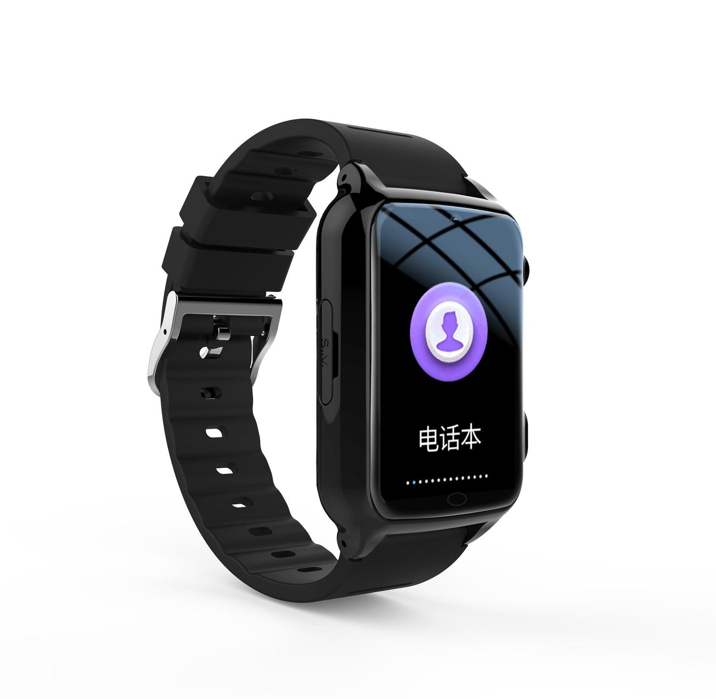 Black smartwatch with a contact book feature, allowing seniors to easily access and call saved contacts for convenience.