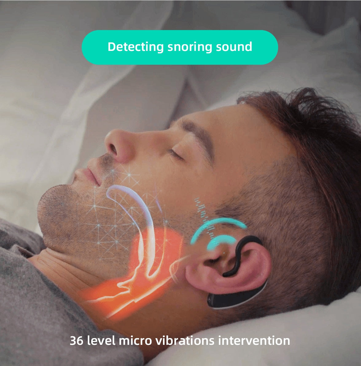 Man sleeping with SnoreLess anti-snoring earset detecting snoring sounds and using 36-level micro vibrations for intervention.